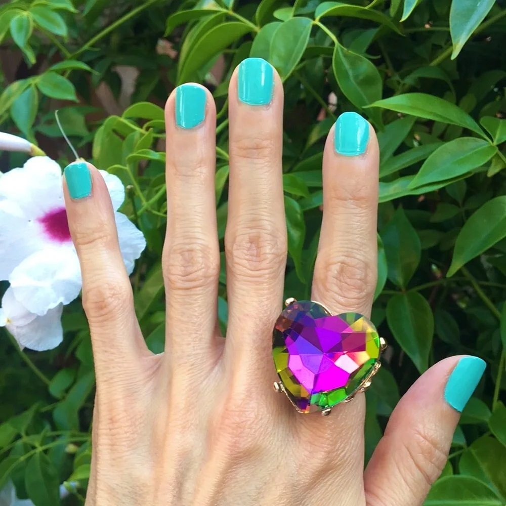 Oversized Heliotrope Crystal Heart + Gold Cocktail Statement Ring